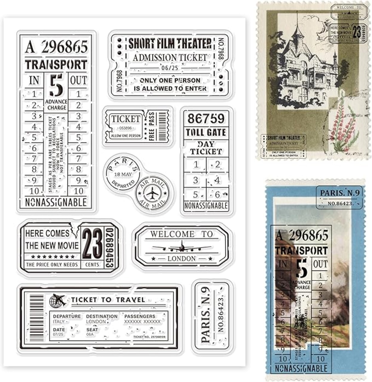 Retro Air Travel and Movie Ticket Silicone Clear Stamps Transparent Stamps for Christmas Birthday Valentine's Day Cards Making DIY Scrapbooking Photo Album Decoration Paper Craft